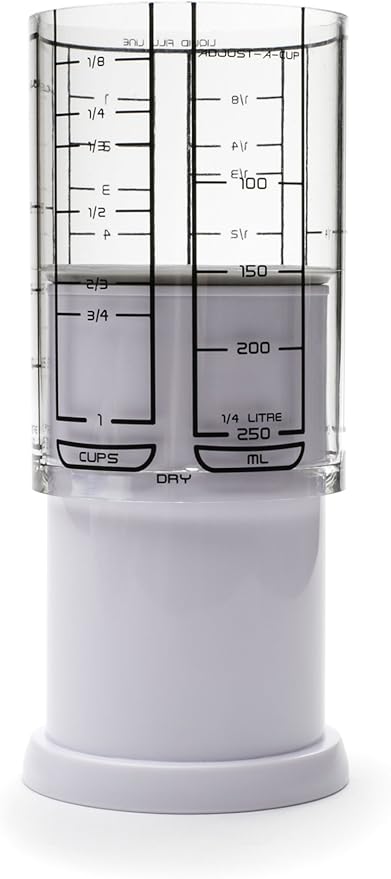 KitchenArt 1 Cup Adjust-A-Cup, Plastic, White | Plunger Measuring Cup | Measures Between 1/8 Cup to 1 Cup | Includes Conversions | Kitchen Gadget | Measures Solids & Liquids