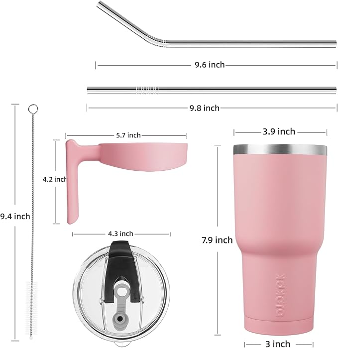 BJPKPK 30 oz Tumbler with Handle & Straw, Insulated Stainless Steel Mug | Double Wall Vacuum, Keeps Hot/Cold, Thermal Cup, BPA Free, Dishwasher Safe, Cupholder Fit, Coffee & Travel, Light Pink