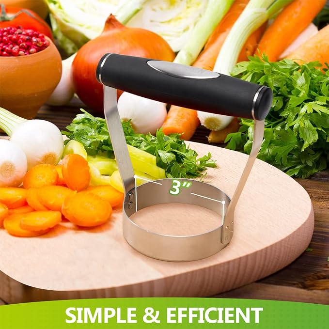 HULISEN Food Chopper Manual Hand, Stainless Steel Hand Chopper, Plain Edge | 3 inch Round, Ergonomic Rubber Handle, Chops Egg Nut Collard Tuna Salad & Ground Beef, Dishwasher Safe