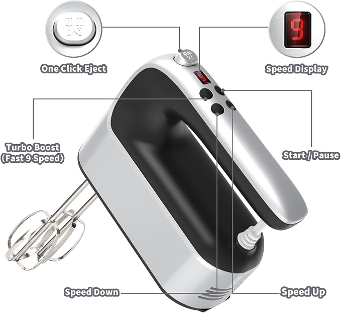 Yomelo 9-Speed Digital Hand Mixer Electric, 400W Powerful DC Motor, Hand Mixer Electric Handheld with Snap-On Storage Case, 5 Stainless Steel Accessories, Beaters, Dough Hooks, Whisk(Silvery Black)