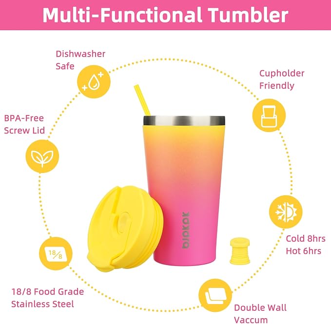 BJPKPK 18 oz Coffee Tumbler with Straw, Insulated Stainless Steel Cup | Double Wall Vacuum, Leak Proof, Keeps Hot/Cold, BPA Free, Dishwasher Safe, Cupholder Friendly, Travel, Pink Yellow Rose