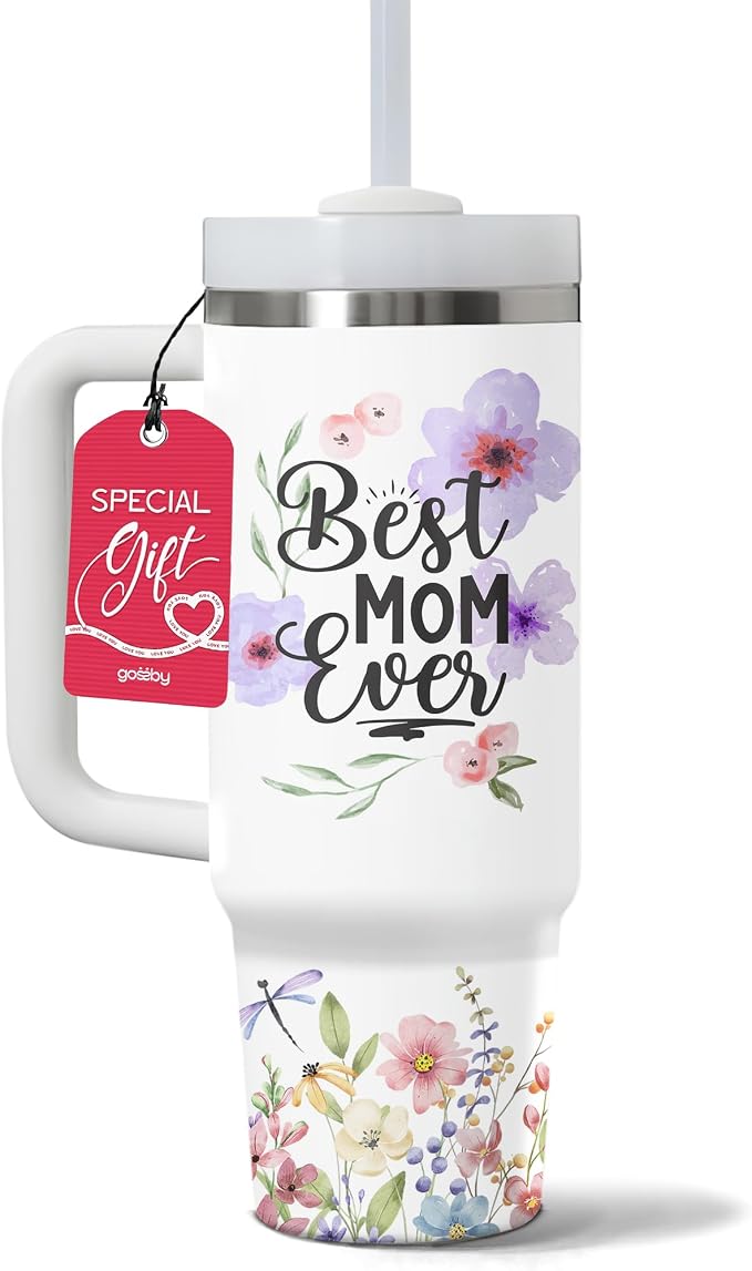Gossby Best Mom Ever Tumbler, 30oz Stainless Steel with Handle and Straw | Birthday Gifts for Mom, Floral Watercolor Design, Mom Cup with Straw, Insulated Travel Mug for Women, Gift for Mama