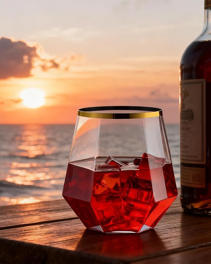 BESTSTAR 40 PCS Clear & Gold Rim 12 Oz Diamond Plastic Wine Whiskey Glasses | Stemless Unbreakable Disposable Wine Glasses for Party,Ideal for Beach Holidays,Halloween, Christmas, Weddings,Daily Use