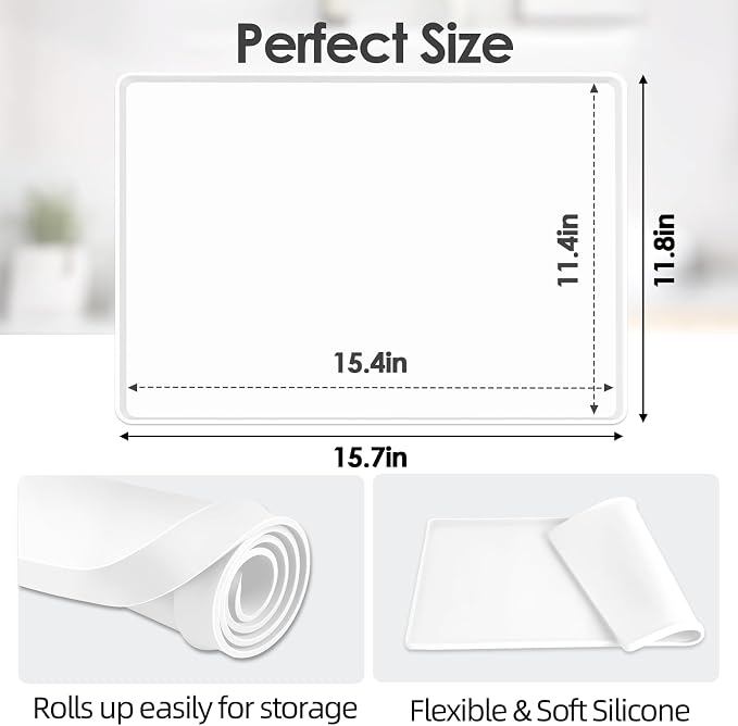 Silicone Coffee Maker Mat with Lip for Countertops, 15.7'' x 11.8'', White | Multi leak-proof coffee tray for countertop, non-slip silicone mat fits most coffee makers & espresso machines, wipe-clean