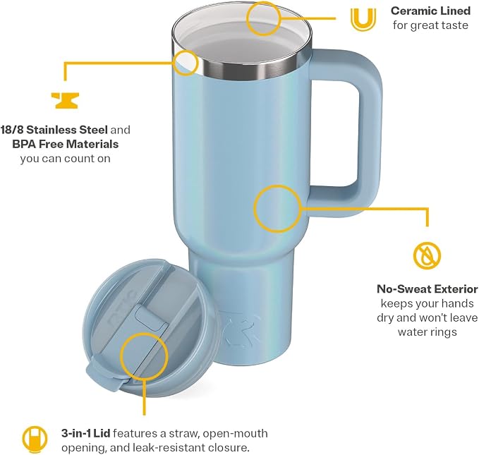 RTIC 40oz Road Trip Tumbler, Insulated, Ceramic Lined, RTIC Ice Glitter | with Lid, Handle and Straw, Stainless Steel Metal Cup, Portable for Hot and Cold Drinks, Coffee, Car, Camping, Travel