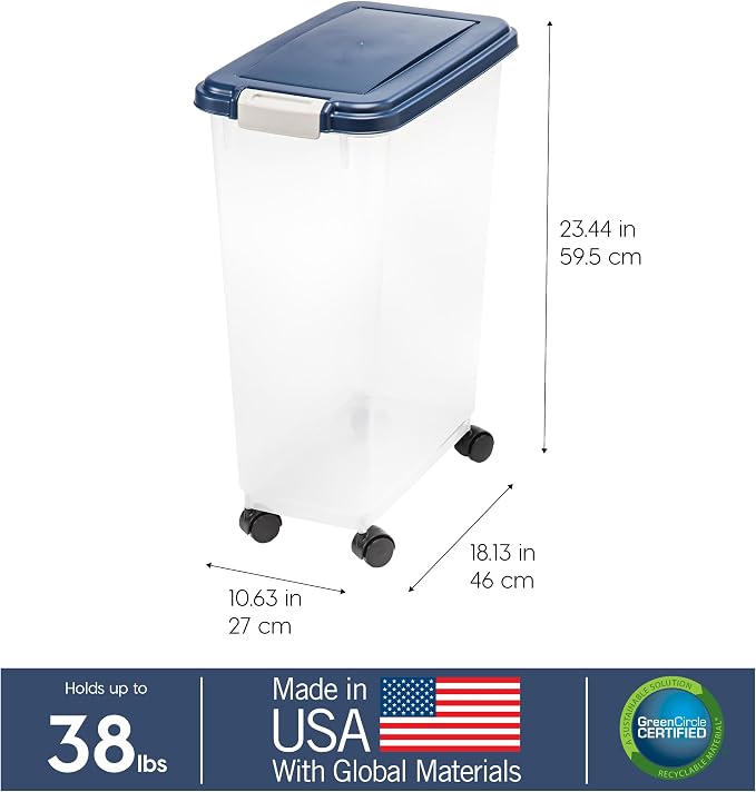IRIS USA Dog Food Storage Container, Up to 38 lbs, Navy, Made in USA | Wheels for Mobility, Airtight Seal, BPA-Free, Best for Bird Seed, Cat food, Cat Litter, Chicken Feed, Pellets