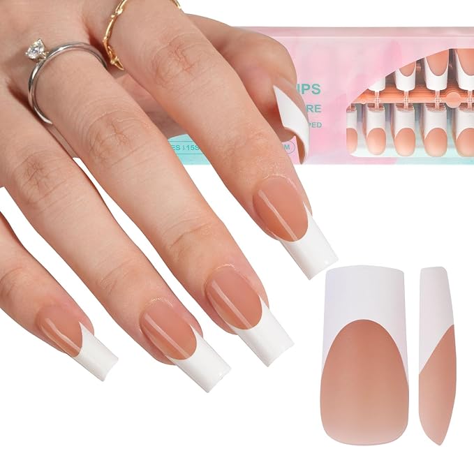 Misssix 240Pcs French Tip Press on Nails Long Square Gel Fake Nails Brown | No Need to File 3 in 1 Tips Pre-lasting, White French Nail Tips for Nail Art DIY 15 Sizes