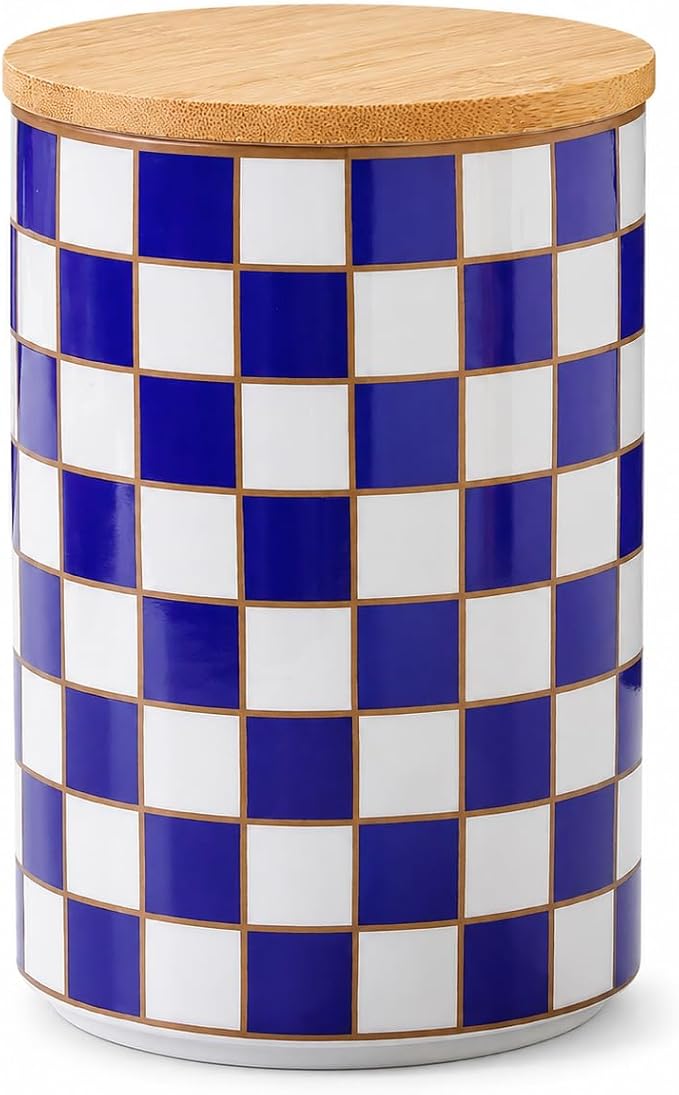 Kitchen Countertop Ceramic Checkered Canisters,Black And White Food Storage Containers With Lid,Airtight Kitchen Canisters for Flour, Sugar, Coffee, Tea, and Dry Goods (Blue, XL)