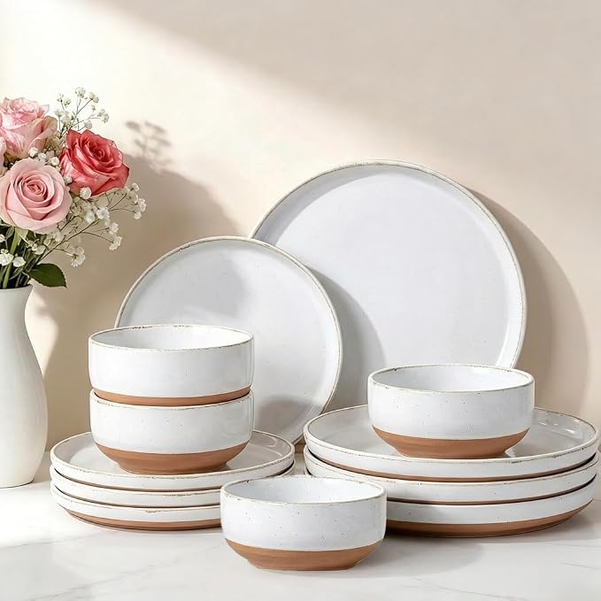 AmorArc Dinnerware Sets for 4, 12 Pieces Ceramic Plates and Bowls Set | Scratch Resistant Stoneware Dishes Set, Dishwasher & Microwave Safe,White