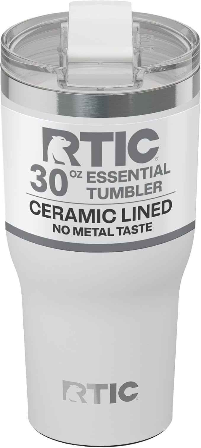 RTIC 20oz Essential Tumbler with Lid, Ceramic Lined, White | Insulated, Stainless Steel Metal, Portable Travel Cup for Hot and Cold Drinks, Coffee, Car, Camping and Travel