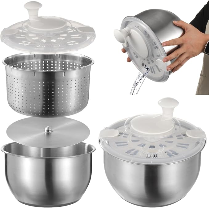 Large Stainless Steel Salad Spinner, Lettuce Spinner Vegetable Strainer Set | Fruit Straining Spinner with Self-Locking Lid, Kitchen Strainers, Dishwasher Safe
