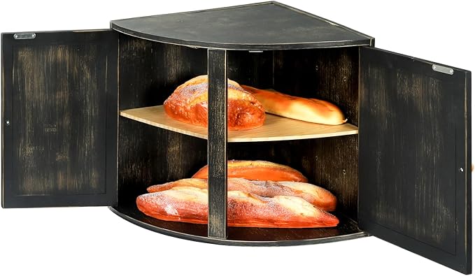 Black Vintage Double Layers Bamboo Corner Bread Box for Kitchen Counter | Retro Farmhouse Style, Holds 2+ Loaves, Right Angle Fits Counter Corners, Breathable Keeps Bread Fresh 3-4 Days
