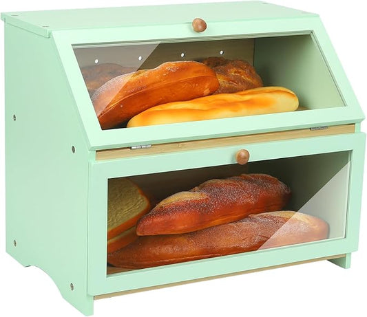 HOMEKOKO Double Layer Bread Boxes for Kitchen Countertop, Mint Green | Keeps Bread Fresh 3-4 Days, Large Capacity Fits 2+ Loaves, Suitable For Home Kitchen Food Storage Use, See-Through Window