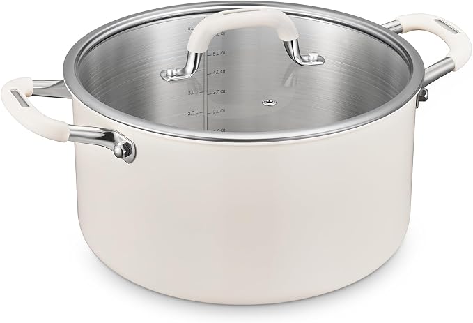 BEZIA 6QT Fully Clad 3-Ply Stainless Steel Stock Pot with Lid, Cooking Pot | Cool-Touch Silicone Handles, Premium Heat Retention & Durability, Oven & Dishwasher Safe, Induction Ready, for Quick Meals