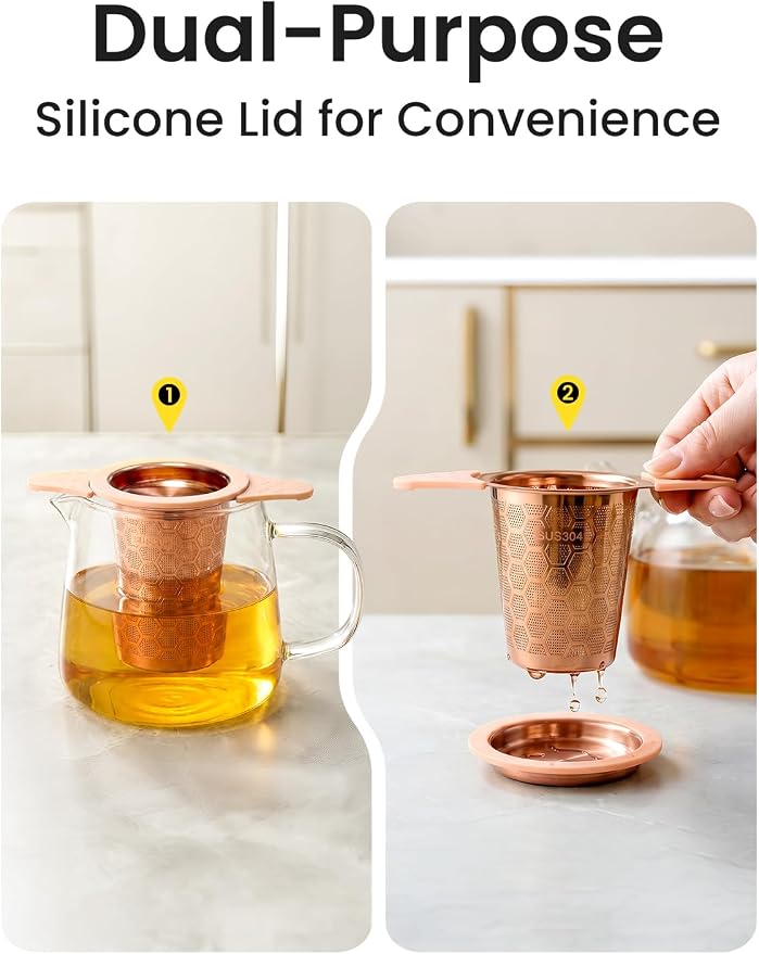 Tea Infuser for Loose Leaf Tea,Stainless Steel Tea Strainer with Silicone Handles,Extra Fine Mesh Tea Strainers for Loose Tea Filter Fine Tea Leaves Effectively,Fits TeaPots/Mugs (Rose gold)