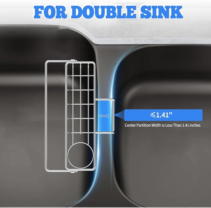 Sponge Holder for Double Kitchen Sink, 3-in-1 Sink Caddy, Brush, Dish Towel, Sponge Sink Organizer Liquid Drainer Rack - SUS304 Stainless Steel