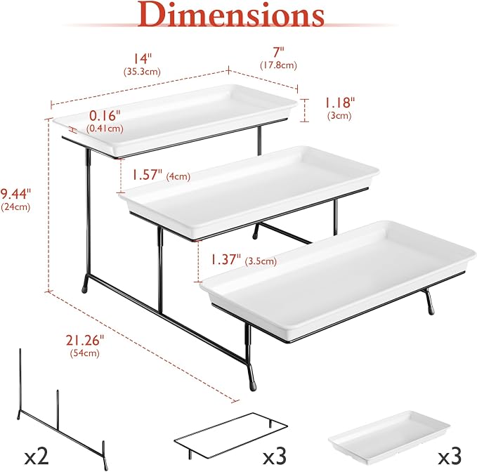 Bumusty 3-Tier Melamine Serving Tray Set, 14 x 7 in, Black Stand | Melamine Reusable Platters with Metal Display Stand for Cupcakes, Desserts, Fruit, Cookies, Parties, Birthdays and Holidays