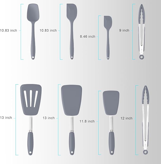 5-Piece Silicone Spatulas Set with Tongs, 446°F Heat Resistant, Grey | Steel-core Utensils, Nonstick-safe Silicone Turners and Tongs for Flipping, Grilling, Mixing and Baking, Dishwasher Safe