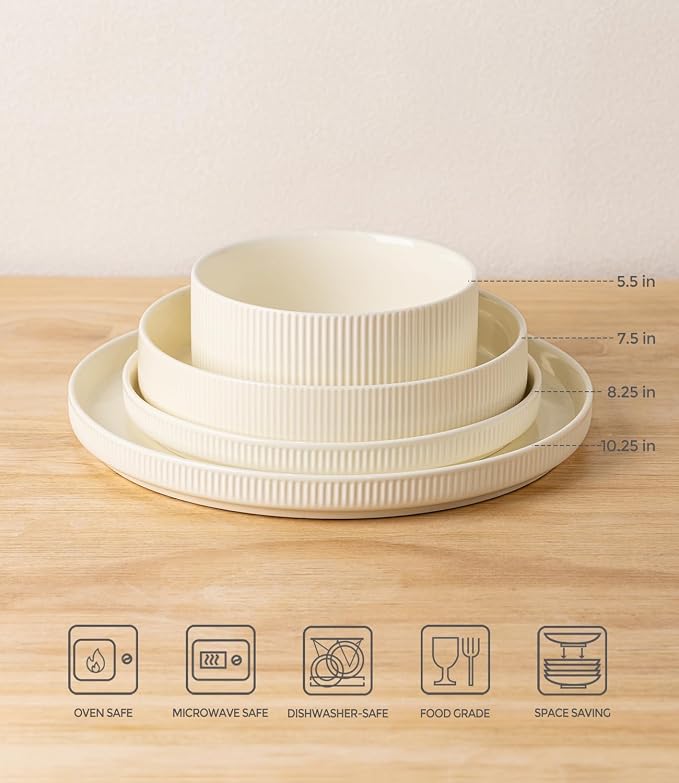 Ceramic Dinnerware Set for 4, 16-Piece Plates and Bowls Set | Lightweight Porcelain Dish Set, Scratch Resistant, Oven & Microwave & Dishwasher Safe, Beige