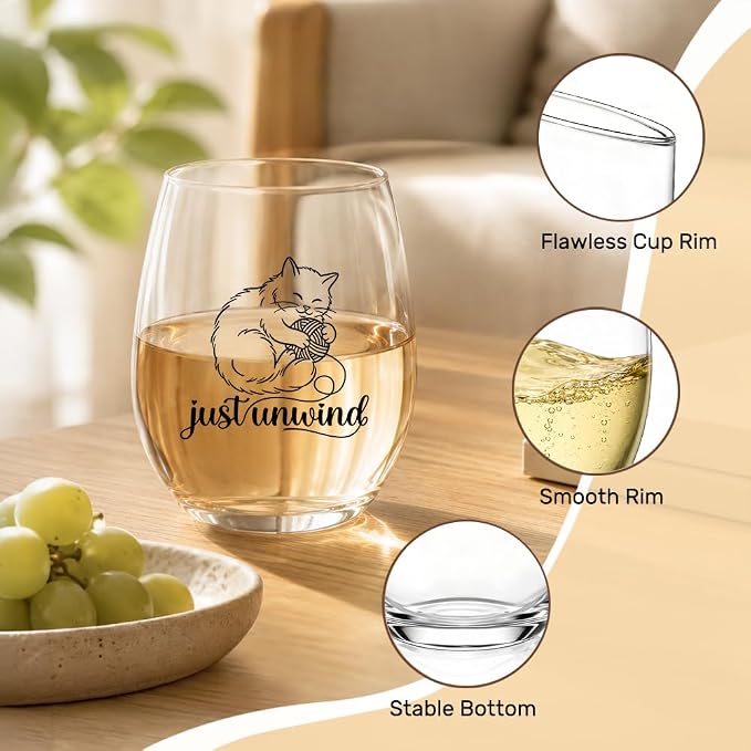Just Unwind Stemless Wine Glass, Cute Sleeping Cat Print Clear Crystal Wine Glass, Funny Relaxation Gifts for Cat Lovers, Lead-Free Drinking Glasses for Home Bar, Christmas, Birthday Gifts