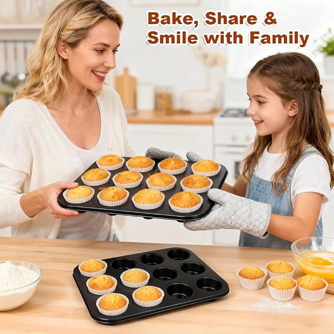 Muffin Pan & Cupcake Pan, 2 Pack 12-Cup Muffin Tin for Baking with 120 Cupcake Liners, Nonstick Heavy Duty Carbon Steel Cupcake Tins, Scratch Resistant Baking Pans Set for Family & Party