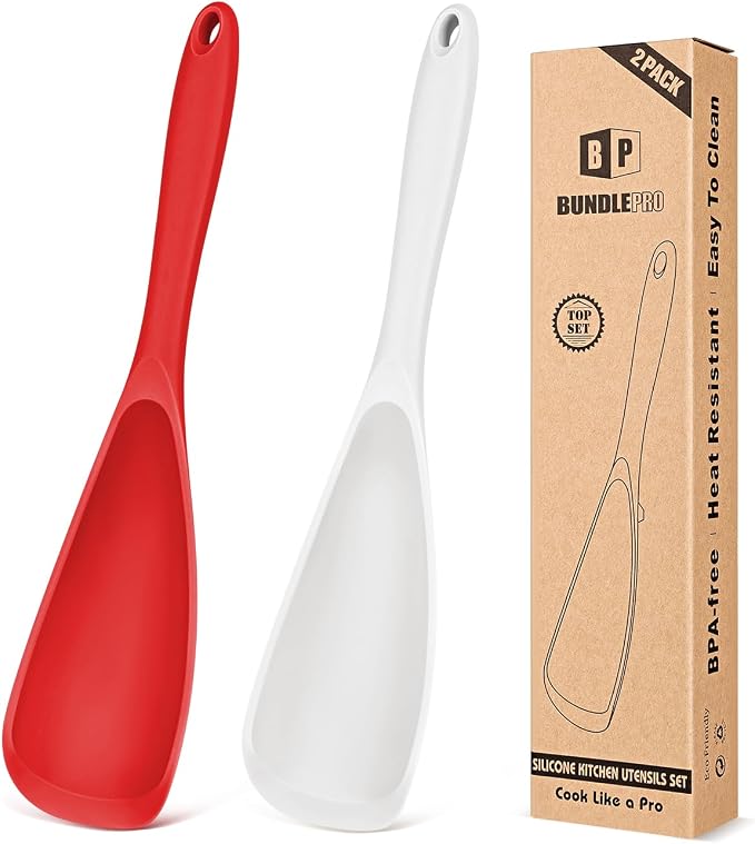 Pack of 2 Cooking Spoons for Non Stick Cookware, Multifunction Spatula Spoon BPA-Free, One-Piece Design, Suitable for Scooping, Scraping, Serving and Mixing (RED-WHITE)