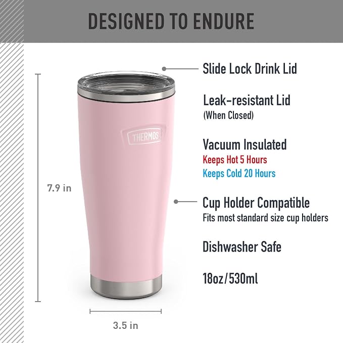 THERMOS ICON SERIES, Stainless Steel Tumbler with Slide Lock, 18 Ounce, Sunset Pink
