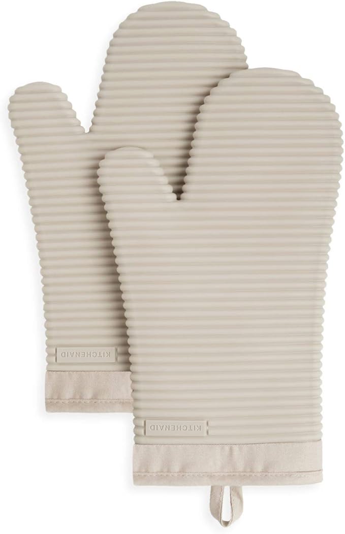 KITCHENAID Ribbed Soft Silicone Oven Mitt 2-Pack Set, 7.5"x13", Milkshake Tan