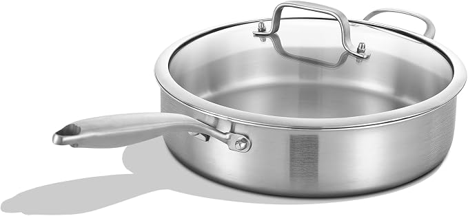 Inqibee 3 QT Tri-Ply Stainless Steel Saute Pan with Lid | Deep Frying Pan with Helper Handle | 12 Inch | Induction Compatible | Oven & Dishwasher Safe | Serves 2–3 People