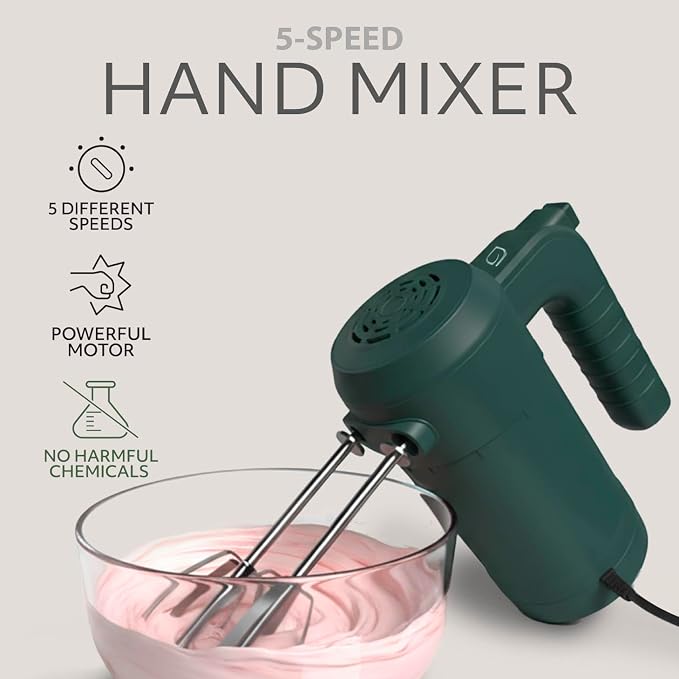 WILLOW Eco Series Electric Hand Mixer, 5 Speed Ultra Power Handheld Mixer with Stainless Steel Whisks, Beaters & Dough Hooks + Eject Button, 350W Kitchen Mixer with Snap-On Storage Case - GREEN