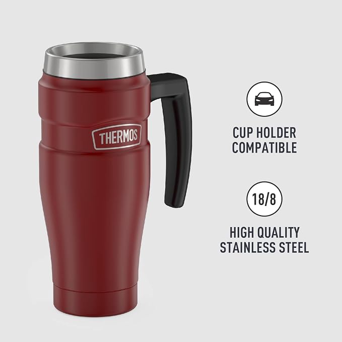 THERMOS Stainless King Vacuum-Insulated Travel Mug with Handle - 16oz, Rustic Red, Thermos Tumbler for Hot/Cold Drinks, Leak-Proof & Sweat-Proof Stainless Steel Coffee Mug with Lid (Pack of 4)