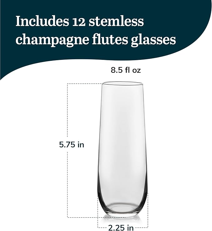 Libbey 228 Stemless Champagne Flutes Glass Set of 12, Elegant 8.5 Oz Flute Glasses for Champagne, Clear Fluted Glassware