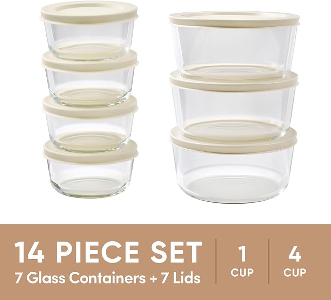14-Piece Glass Food Storage Containers Set (7 Containers + 7 BPA-Free Lids) | 1-Cup & 4-Cup, Leakproof | Microwave, Freezer, Oven & Dishwasher Safe | Ideal for Meal Prep & Pantry Organization, Beige