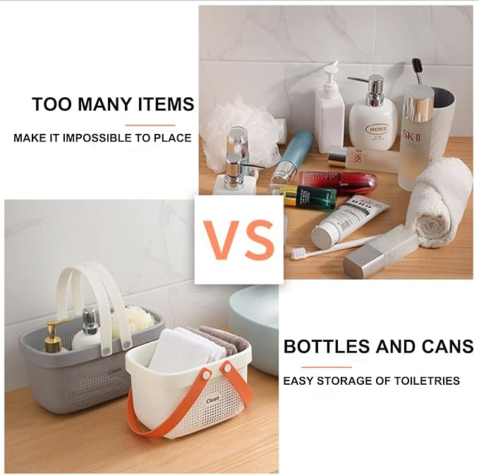 JiatuA Plastic Storage Basket with Handle Portable Shower Caddy Tote Organizer Basket Bin for Bathroom Kitchen Dorm Room Bedroom, Gray | Sturdy Drainage Large Capacity Organizer Basket with Silicone Handles for Bathroom Kitchen Bedroom College Dorm Ess...