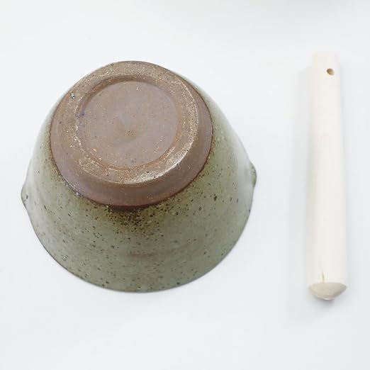 Asayu Japanese Ceramic Grey Mortar Bowl with Wooden Pestle 6.3 in (160 mm), Made in Japan Dishwasher and Microwave Safe Ripple Ridge Suribachi and Sukirogi Set
