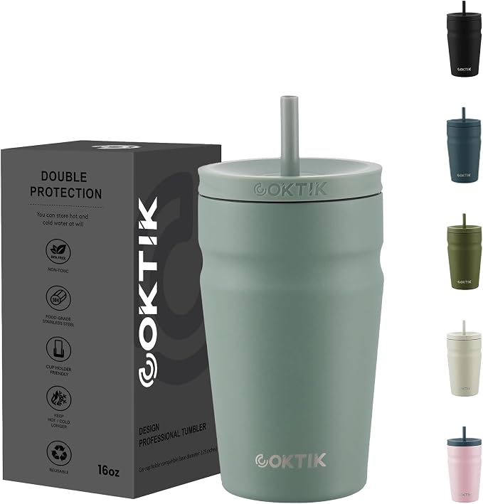 COKTIK 16oz Insulated Tumbler with Lid and Straw Iced Coffee Cup Reusable Stainless Steel Travel Mug Water Bottle Cupholder Friendly for Women Men Her Him (Bay Leaf)