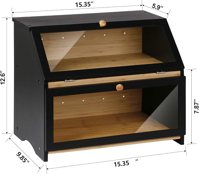 HOMEKOKO Double Layer Wooden Bread Box, Keep Bread Fresh Longer, Black | Keeps Bread Fresh 3-4 Days, Large Capacity Fits 2+ Loaves, Suitable For Home Kitchen Food Storage Use, See-Through Window