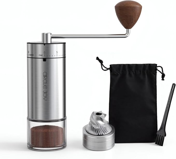 CIRCLE JOY Manual Coffee Grinder with 40 External Adjustable Settings, Stainless Steel Burr Coffee Bean Grinder, Portable Hand Coffee Grinder for Home and Travel, Silver