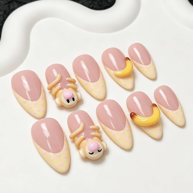 Handmade Press on Nails Thick Medium Almond False Nails with Monkey Shape Designs Muti-Layer Gel False Nail Full Cover Polka Dot French Tip Hand Made Acrylic Nails for Women (M)