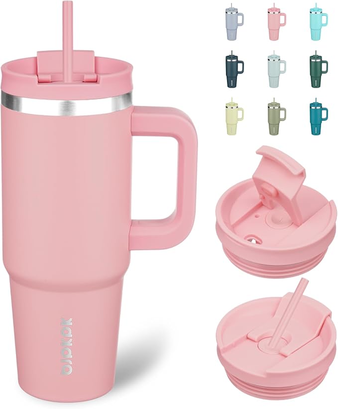 BJPKPK 30 oz Insulated Tumbler with Handle & Straw, Stainless Steel | Double Wall Vacuum Insulation, Leak Proof, BPA Free, Dishwasher Safe, Cupholder Friendly, Travel & Outdoor, Light Pink