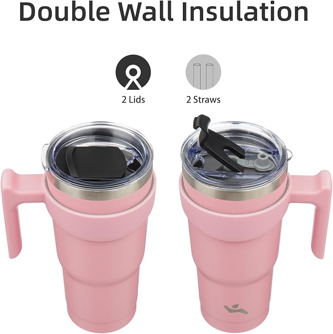 Konokyo 20 oz Tumbler with Handle and Straw, Insulated Travel Mug | Light Pink; BPA-free, leak-proof tumbler with 2 lids, 2 straws, cup holder fit for coffee, office, travel & daily use