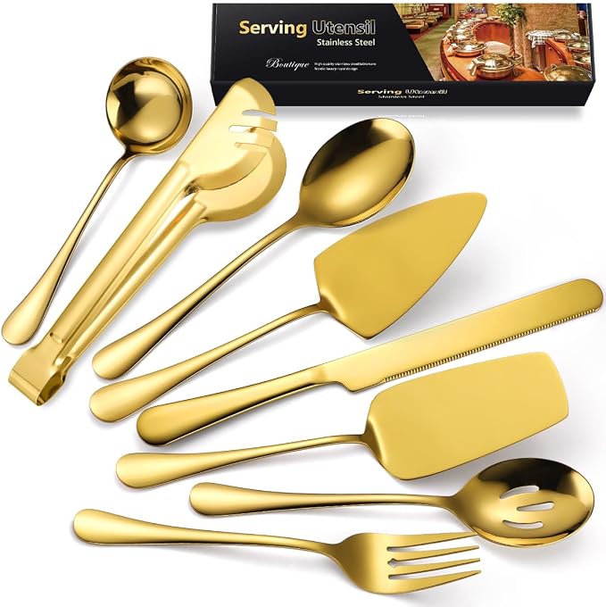 AARAINBOW Hostess Serving Utensils Set Large, 8 Pcs Stainless Steel Serving Utensils for Parties Buffet, Flatware Serving Sets with Serving Spoon Slotted Spoons Serving Forks (Golden)