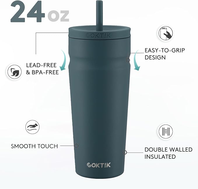 COKTIK 24oz Insulated Tumbler with Lid and Straw Iced Coffee Cup Reusable Stainless Steel Travel Mug Water Bottle Cupholder Friendly for Women Men Her Him (Twilight Fog)