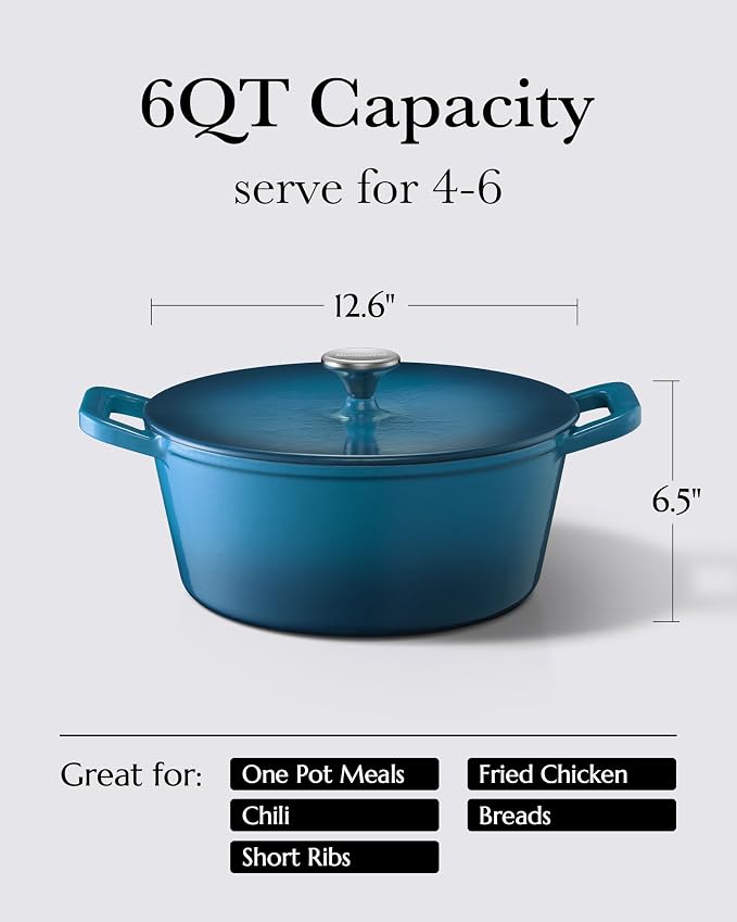 Dutch Oven Pot, 6QT Enameled Cast Iron Dutch Oven with Lid, Dual Handle, Dutch Pot for Sourdough Bread Baking, Braising & Roasting, 500℉ Oven Safe, All Cooktops Compatible, Marine