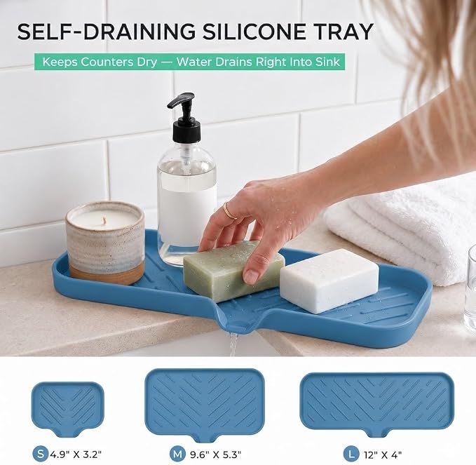 MicoYang Silicone Soap Dish with Drain Spout — Self-Draining Double Sink Organizer Tray for Kitchen & Bath, Dispensers, Sponges & Soap Holder, Non-Slip & Dishwasher Safe, Lichen Blue (Large, 12"×4")