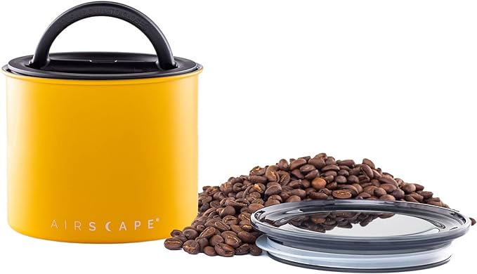 Planetary Design Airscape Stainless Steel Coffee Canister | Food Storage | Food Storage Container | US Patented Airtight Lid | Push Out Excess Air Preserve Food Freshness (Small, Matte Yellow)