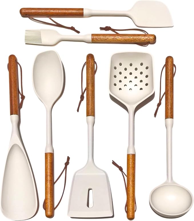 White Silicone Cooking Utensils Set, Kitchen Utensils Set 7 Pcs for cooking, Non-Toxic Spatula Set with Heat Resistant Wood Handles for Nonstick Cookware, (Cream White)