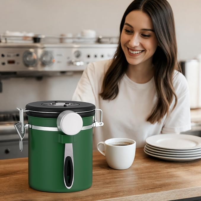 ShanSon Coffee Canister Airtight, Stainless Steel Bean Storage Container with Date Tracker & Scoop, Grounds Sugar Flour Tea Cereal Fits Kitchen Pantry, Ideal Gift for Coffee Lovers,22oz, Dark Green