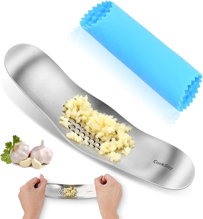 Cook Guy Garlic Press Rocker Set -304 Stainless Steel Premium | All-Steel Garlic Mincer, Crusher, Peeler, and Scraper Tool for Effortless Mincing –Dual-Handle Garlic Grinder(B0201)