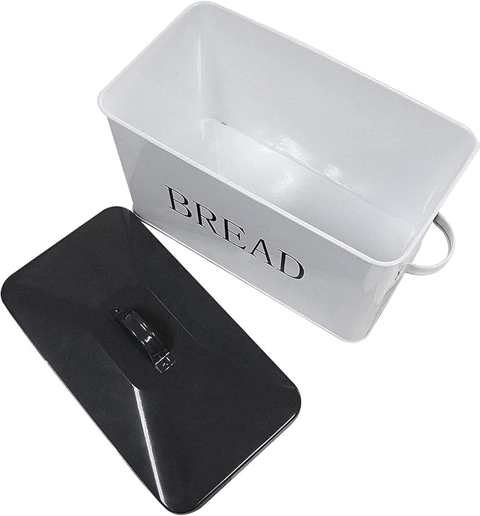 SOTECH Metal Bread Box with Lid for Kitchen Countertop Large Bread Bin kitchen Bread Food Snacks Storage Container Farmhouse BreadBox Grey Lid White Body with Side Handles